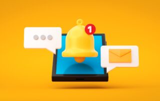 3D mobile phone screen displaying notification bell, speech bubbles, and envelope symbolizing payment reminder.