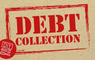 Red stamp with black text "DIY DEBT COLLECTION" on cardboard surface.