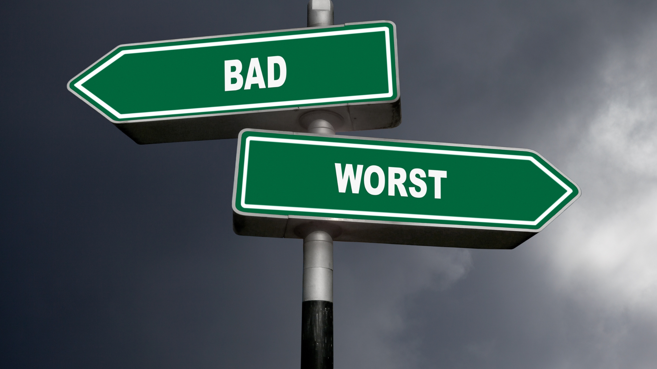 Street signs: "Bad" pointing left, "Worse" pointing right, representing the path from slow payer to bad debt.
