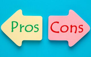 Debt Collection Agencies: Pros and cons sticky notes shaped like arrows on blue background, representing the decision of using debt collection services.
