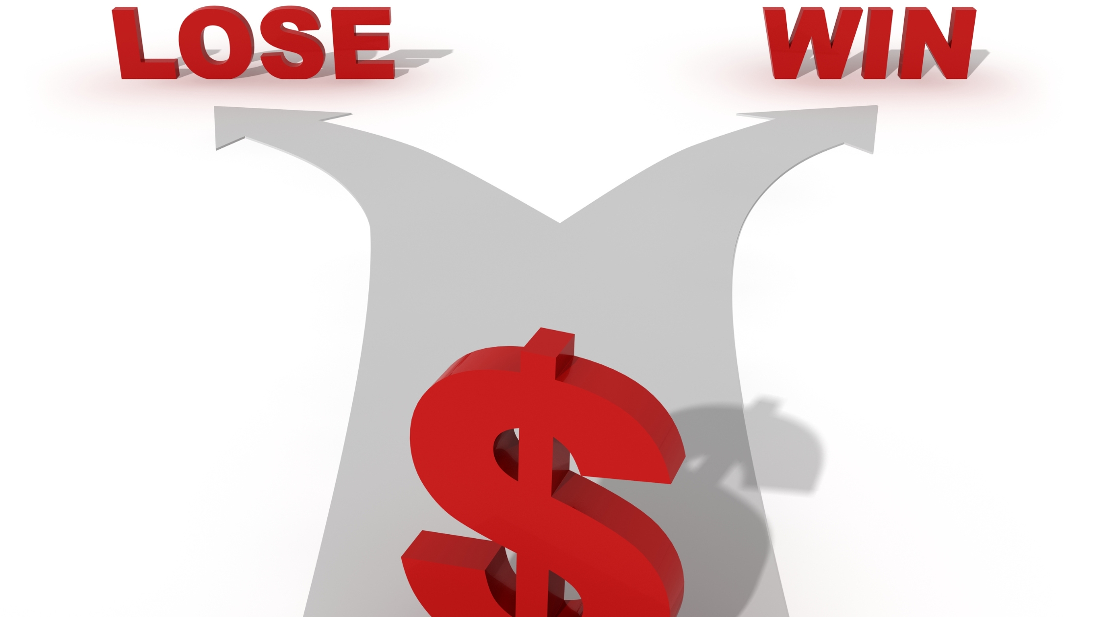 Managing Business Stress: Red dollar sign standing at a decision point on a gray split arrow. The text "Win" is written on one side of the arrow and "Lose" is written on the other side. This image metaphorically represents the financial uncertainty a business owner may experience.
