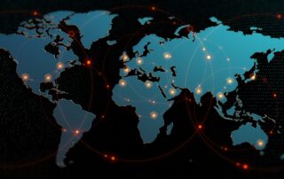 International Debt Recovery Solutions: A digital world map with highlighted points interconnected by lines, symbolizing The Baker Group's global network for international debt recovery solutions.